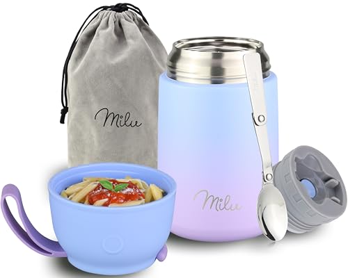 Milu® Thermobehälter für Essen 650ml, Edelstahl, Thermo Lunchbox, Suppenbehälter to go, Thermobox, Thermodose zum Warmhalten Suppen, Babybrei, Speisebehälter, breiwärmer unterwegs, Blau Violett 650ml