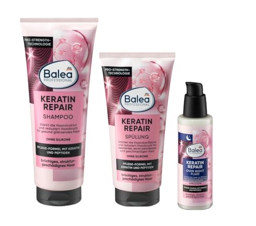 Balea 3er-Set Haarpflege: Professional KERATIN REPAIR Over Night Fluid schützt beim Schlafen (100 ml) + Shampoo Keratin, (250 ml) + Conditioner Keratin& Spülung (200 ml), 550 ml