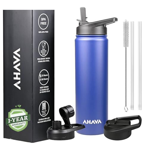 AHAVA 750ml Insulated Water Bottle | 1-Year Warranty | 12H Hot, 24H Cold | BPA-Free| 2 Lids: Straw & Spout | Dishwasher Safe, Premium Stainless Steel for Gym, Office, Travel, School (Estate Blue)