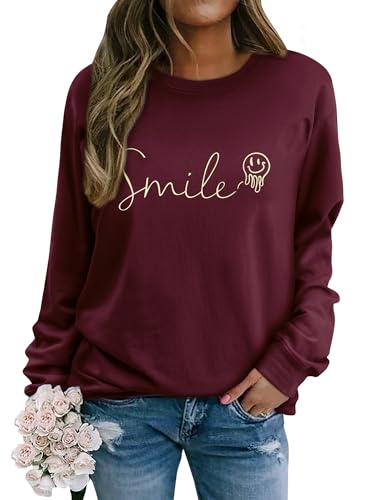 Image of WIEIYM Women's Sweatshirts Smile Sweatshirt Cotton Graphic Crewneck Sweatshirt Funny Long Sleeve Tops Basic Pullover for Spring Autumn Winter