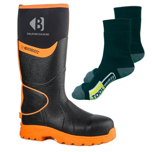Buckler Buckbootz BBZ8000 Hi Visibility Neoprene Safety Wellington Boots with TM Boot Socks (Orange/Black, UK Footwear Size System, Adult, Men, Numeric, Medium, 9)