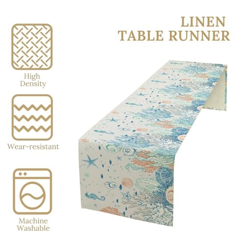 Image of Coastal Beach Table Runner, Watercolor Starfish Seashell Coral Pattern Faux Linen, Nautical Ocean Dining Decor for Summer Home Party 13x120 Inch