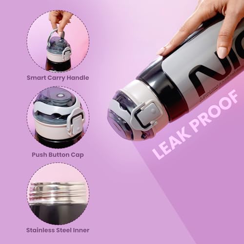 Image of Nayasa Turbo Water Bottle 730ml | BPA Free Plastic | Leak Proof Push Button Cap | School, Office Use | Black