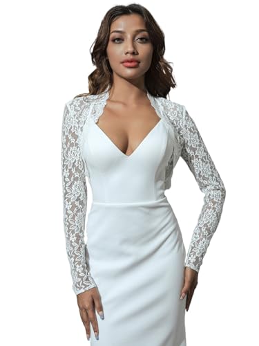 Unsutuo Bolero de encaje para noche, cárdigan abierto de encaje de ganchillo para fiesta, mujer, manga larga, chaqueta de novia para vestido de novia, Blanco, 12-14