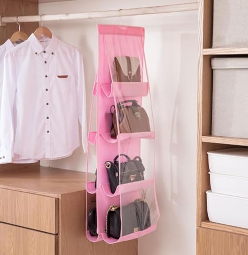 Image of 8 Pocket Hanging Handbag Organizer - Multi-Compartment Purse Storage with Adjustable Hooks - Space-Saving Closet Organizer for Handbags, Purses, Wallets - Durable, Home (Pink)