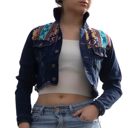 Tommy Lion Cropped Denim Jacket one size S/M, Aztec Merino Wool Fabric Yoke, Dark Blue