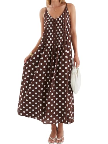 Image of Anoumcy Summer Pleated Maxi Dresses for Women 2026 Spaghetti Strap V Neck Vacation Beach Long Flowy Boho Sundress