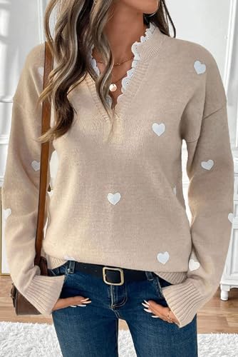 Women V Neck Heart Sweater Dressy Casual Pullover with Lace Trim Cute Tops2