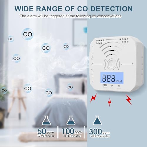 2 PCS Portable Carbon Monoxide Detectors, CO Detector with LCD Display & Audible and Visual Warning for Home (Included 6 AAA Batteries)