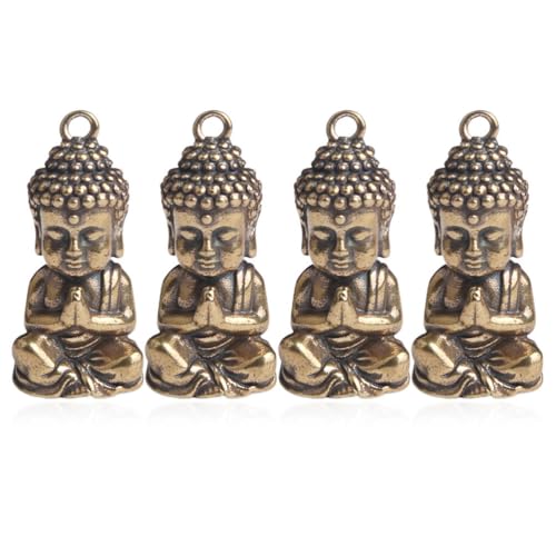 Yardwe 4Pcs Antique Brass Buddha Statue Keychain Set Tiny Buddha Figurines for Meditation Decor Home Office Desktop Craft Keyring Pendant