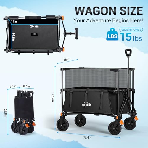 Elegear Wagon Cart Foldable Collapsible 440LBS - Adjustable Capacity from 100L to 200L - Heavy Duty Utility Beach Wagon with All-Terrain Wheels & Smallest Folding Design for Camping Sports Shopping - Thumbnail 7