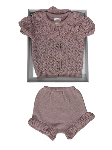 Genérico Conjunto de Bebé de Punto, Chaqueta y Pantalón Corto, Color Rosa Malva, Tejido Calado, talla única.