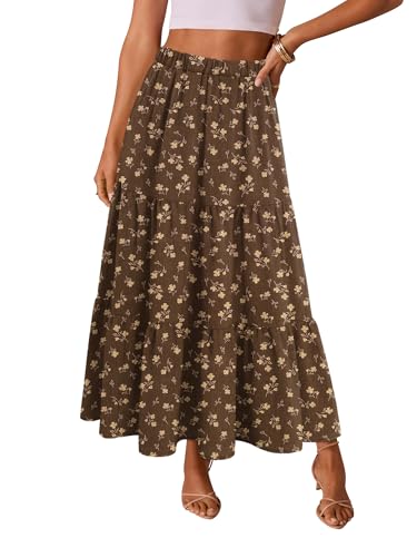 Magritta Women's Vacation Boho Maxi Skirt Elastic High Waist with Pockets Coffee Flower Small — view 2