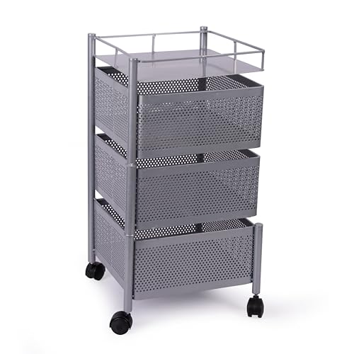 Image of KITCHIVO Kitchen Storage Rack | Revolving Vegetable Rack | Square Multipurpose Storage Trolley with Wheels | Metal Fruit Rack (Silver, 3 Layer)