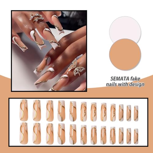 SEMATA White French Tip Press on Nails Long Square Acrylic Nails Press ons Coffin Nude Glue on Fake Nail with 3D Gold Line Designs Reusable Artificial Stick on False Nail for Women 24Pcs — view 4