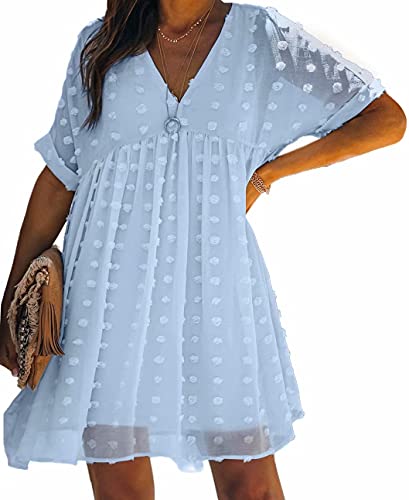 SUPRELOOK Women s Summer Short Sleeve Mini Dresses Casual Loose V Neck Swiss Dot Babydoll Dress Flowy A Line Plus Size Dress Blue