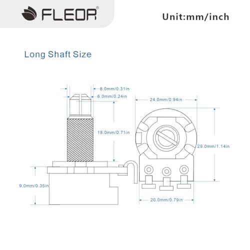 FLEOR 4PCS Full Size A500K B500K Potentiometer Guitar Tone Volume Control Pots Dia24mm L18mm Long Knurled Split Shaft
