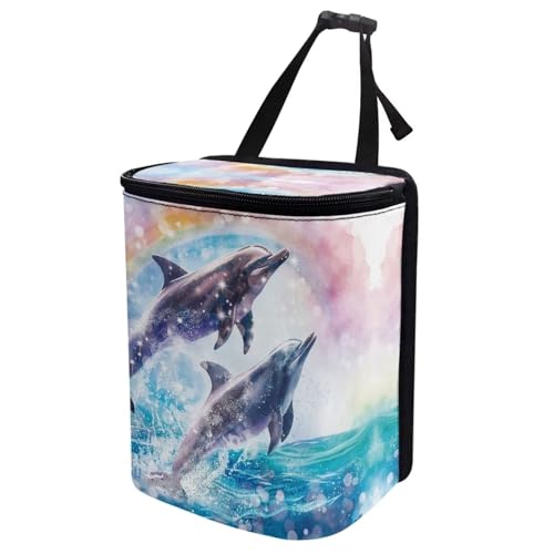 Image of Talayituse Dolphin Rainbow Print Car Trash Can, Portable Auto Garbage Bin Multifunctional Vehicle Interior Accessories with Adjustable Straps Universal Fit Truck SUV Sedan