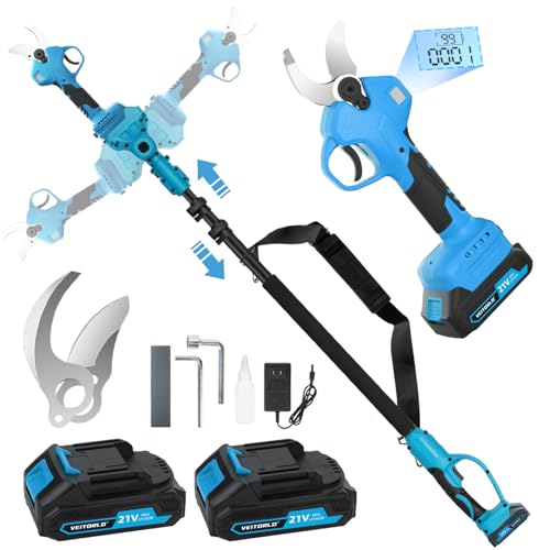 Veitorld Tijeras de podar telescópicas, 40 mm, batería de podar con barra telescópica extraíble (130-245 cm), tijeras eléctricas de jardín con batería, 2 x 2000 mAh para ramas, árbol frutal