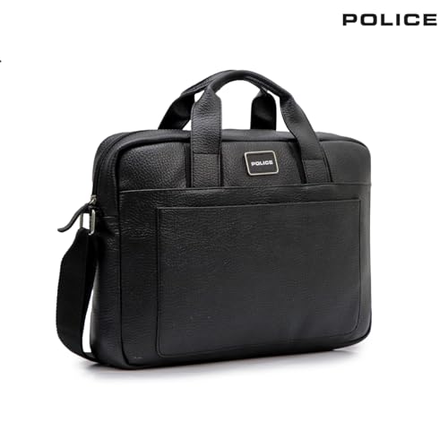 Image of Police Premium Laptop Briefcase for Men | Vegan Leather Office Messenger Bag with Padded Laptop Compartment, Front Utility Pocket & Adjustable Shoulder Strap | Business Work Bag | Black