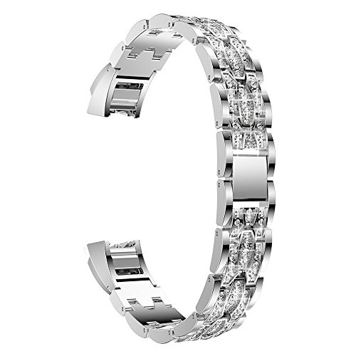 Metal Bling Bands Compatible Fitbit Alta Watch,Stainless Steel Band with Rhinestone Adjustable Jewelry Strap Bracelet for Fitbit Alta/Alta HR (Silver White Diamond)
