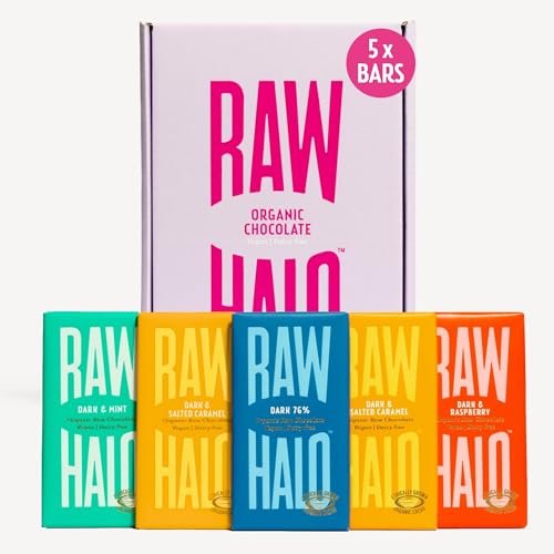 Colección Vegan Chocolate Taster – Halo crudo – Paquete de regalo de chocolate negro – 5 barras de 35 g – Orgánico, lácteos y sin gluten