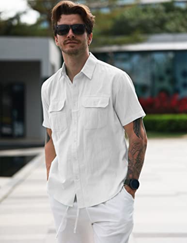 Coofandy Mens Shirt Casual Summer Button Down Linen Beach Tops With Two Pockets, White, Xx-Large, Short Sleeve #TOP1