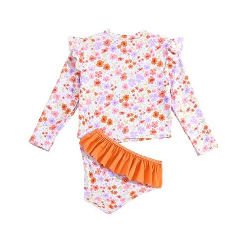 Image of Toddler Swimsuit Girl 3 Piece Rash Guard Bathing Suit Cute Little Girls Long Sleeve Quick Dry Swimwear Brown Flowers 4Y