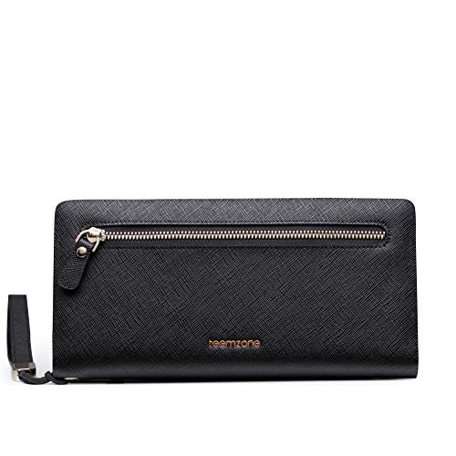 Teemzone Nueva Larga Monedero Billetera de Cuero Genuino para Mujer Tarjetero de Crédito Tarjetas Ranuras Diseño Botón de la Caja del Teléfono (Negro)