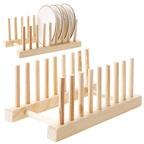 HonGien 2er Set Bambus Küche Geschirrständer Tellerständer Ständer Topfdeckelhalter Tablett Geschirrständer Ständer Abtropffläche für Vorratsschüssel, Geschirr, Tassen, CD, Buch Cover