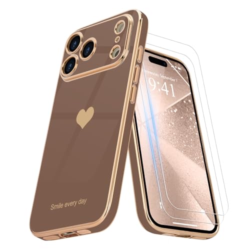 Teageo for iPhone 17 Pro Case with Screen Protector [2 Pack] Girl Women Cute Girly Love-Heart Luxury Gold Soft Cover Camera Protection Shockproof Phone Case for iPhone 17 Pro, Desert Gold