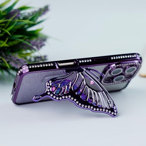 Image of PEEPERLY Back Cover Case for iPhone 15 Pro Scratch Resistant Anti-Slip TPU Shockproof Protective Durable Glamorous Rhinestone Butterfly Glitter Case for Girls & Women(Purple)
