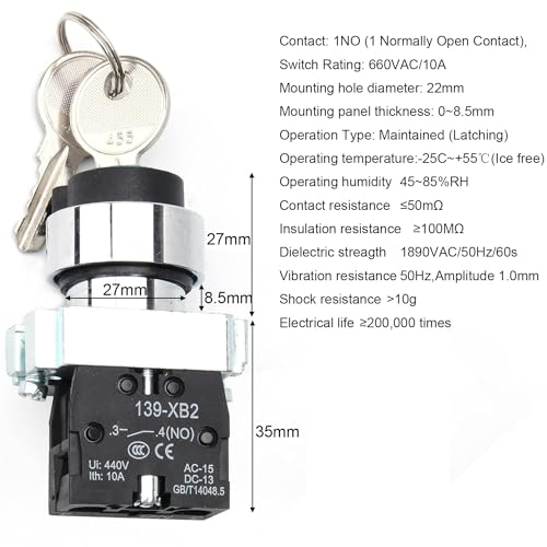 Gebildet Key Switch 2 Position Maintained 1NO Latching Rotary Key Switch 10A 440V XB2-10Y/21.(2 Position Maintained) by Gebildet - Image 5