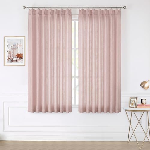 Image of Vision Home Pink Pinch Pleated Semi Sheer Curtains for Girls Bedroom Living Room Textured Light Filtering Window Curtains 72 inch Rayon Blended Pinch Pleat Pink Drapes with Hooks 2 Panels 40 inch Wx72 L