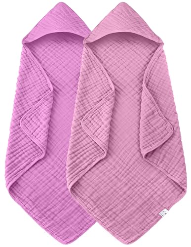 Image of Spotted Play 2 Pack Hooded Baby Towels - 100% Muslin Cotton for Newborns, Infants, Toddlers - Large 32x32 Inch Size - Highly Absorbent and Essential for Newborn Care, Deep Sakura