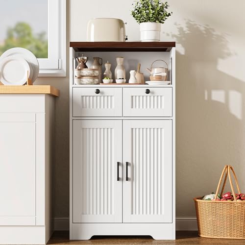 Image of Fluted Storage Cabinet with Doors, Kitchen Pantry Storage Cabinet with Adjustable Shelf, Freestanding Wood Cupboard for Living Room, Bathroom, Laundry Room, White