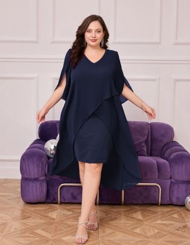 Image of Hanna Nikole Womens Plus Size Chiffon Cocktail Dress Ruffle 3 /4 Sleeve Wedding Guest Party Dresses with High Low Hem