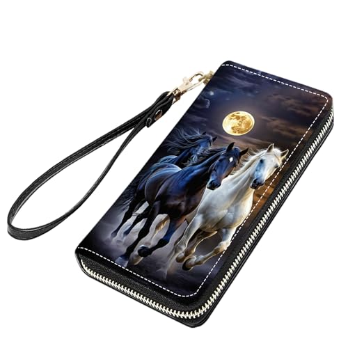 Running Horse Under The Moon Print Women Large Capacity PU Leather Zip Around Wallet, Multifunctional Clutch Purse for Cash/Card/Coin/Smart Phone