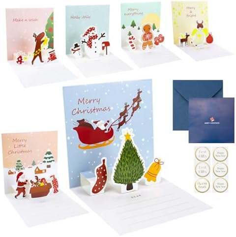 Coohom 3D Pop Up Christmas Card With Envelope Set Of 8 - Handmade Paper Craft Get Well Soon Cut Out Greeting Card For New Year Feature Xmas Treesnowmanreindeer And Bell