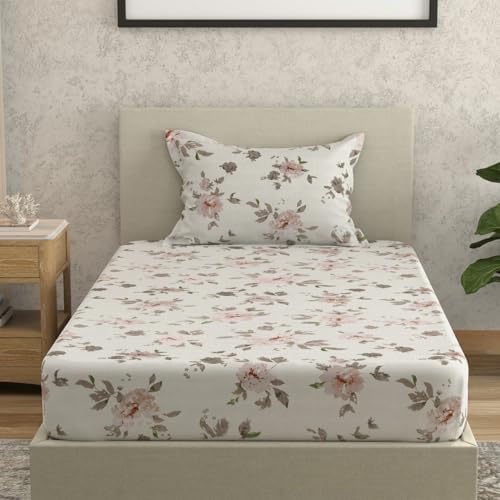 Image of Huesland by Ahmedabad Cotton 144 TC Bedsheet for Single Bed with 1 Pillow Cover | White, Dusty Rose & Dull Brown