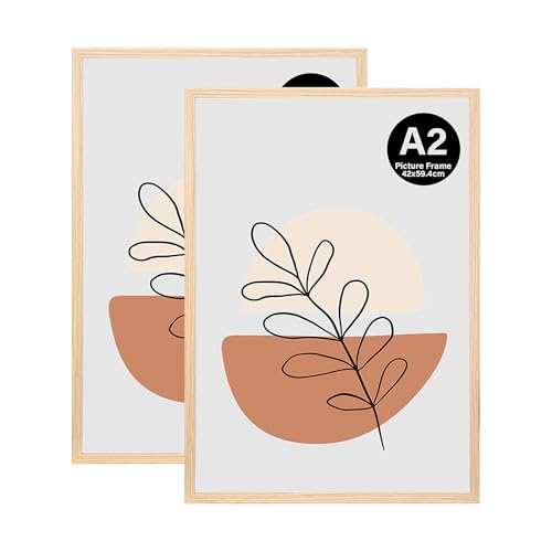 KAIWIN A2 Picture Frame 2 Pack Oak Photo Frame A2 Poster Frame (59.4x42cm) Wooden Photo Frame Used for Photos Pictures PostersPuzzles