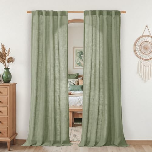 LAMIT Sage Green Linen Boho Curtains 80 inch Length 2 Panels, Light Filtering Semi Sheer Panels Back Tab and Rod Pocket Neutral Drapes for Bedroom/Living Room, 34 x 80 Inch