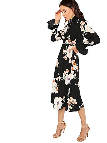 Milumia Women Tassel Tie Smocked Waist Button Up Botanical Dress Burgundy L