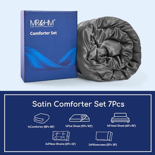 MR&HM Satin Comforter Queen 7 Pieces - Luxurious Pinch Pleat Bedding Set with Comforter, Flat Sheet, Fitted Sheet, Pillowcases & Shams, Super Silky Soft Bed Set for All Season (Queen, Dark Grey)