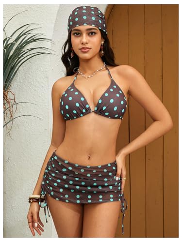 Image of RoseSeek Women's 4 Piece Polka Dots Bathing Suits Cover Up Skirt & Bandana