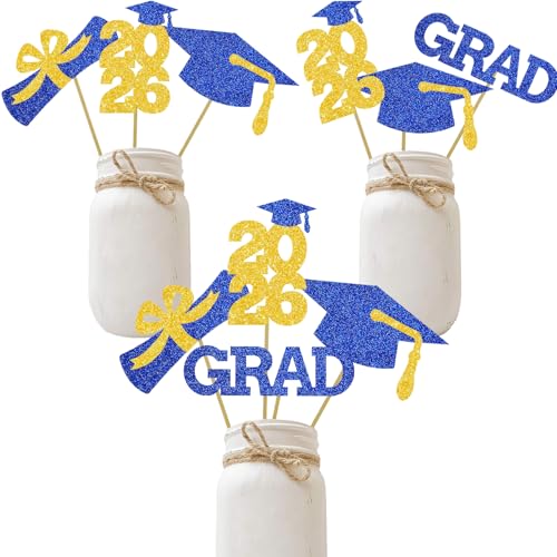 Blue Gold Centerpiece Graduation Decoration Glitter Grad Table Topper Party Sticks Congrats Supplies 16 Pieces
