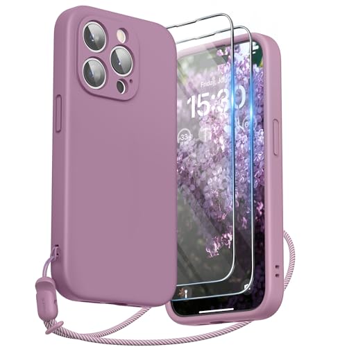 SURPHY Designed for iPhone 15 Pro Case with Screen Protector and Lanyard Phone Strap and Liquid Silicone Phone Case (Camera Protective & Soft Microfiber Lining) 6.1 inch 2023 Lilac Purple