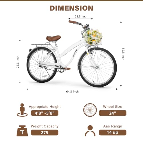Image of WEIZE Beach Cruiser Bike, 24 26 inch Commuter Bicycle for Adult Men and Women, Front & Rear Fenders, Comfortable City Bikes with Rear Rack&Basket, Ergonomic Upright Design
