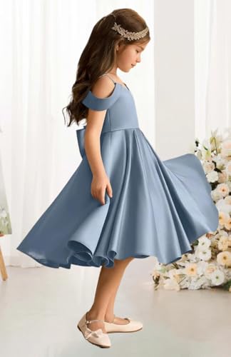 Elegant Satin Flower Girl Dress with Spaghetti Straps Bow Knot Birthday Wedding Pageant Formal Midi Satin Dresses4