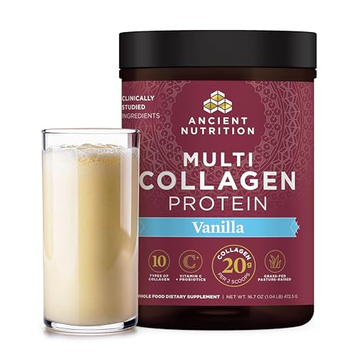 Collagen Powder Protein by Ancient Nutrition, Multi Collagen Vanilla Protein Powder, 45 Servings, with Vitamin C, Hydrolyzed Collagen Peptides Supports Skin and Nails, Gut Health, 16.7oz